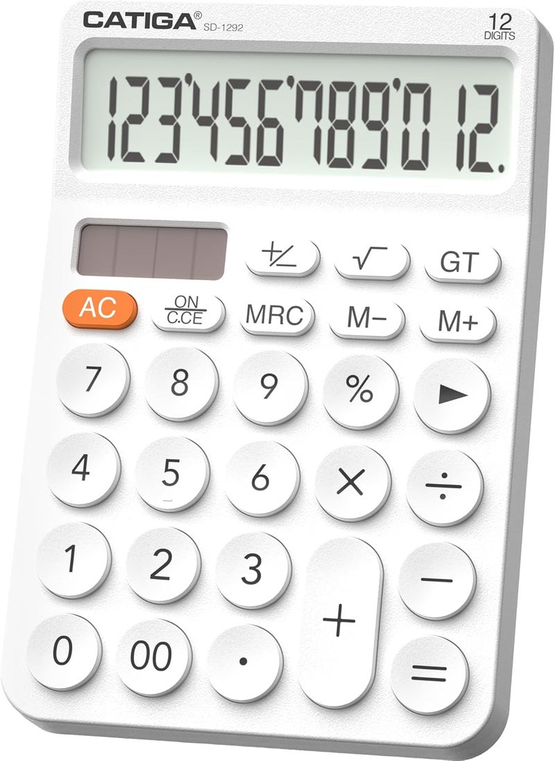 CATIGA 12 Digit Desktop Calculator Basic Desk Calculator with Large LCD Display, Big Buttons, 4 Function, Solar and Battery Dual Power, for Office, School, Home, SD-1292 White - Image 1